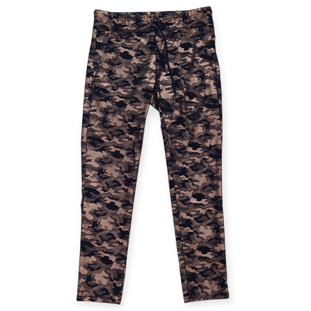Bevy Flog Shely Camo Jogger Pants Womens 28 Navy Bronze Metallic Elastic Waist